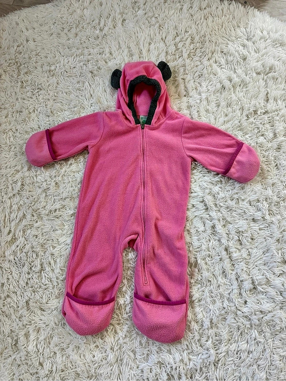 Cuddle Club Bear Fleece Bunting Pink Bear Footie Baby 6-12M